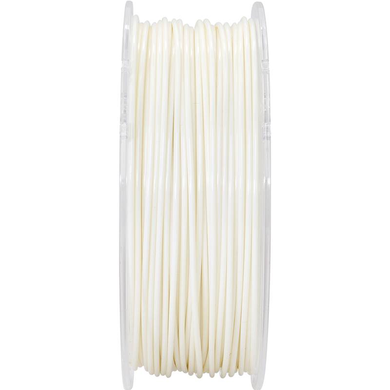 Kunststoffspule mit weißem 3D-Drucker-Filament auf transparenter Rolle, seitlich fotografiert.