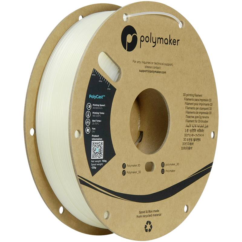 Eine Spule mit 3D-Druck-Filament von Polymaker. Die Verpackung besteht aus recyceltem Material.