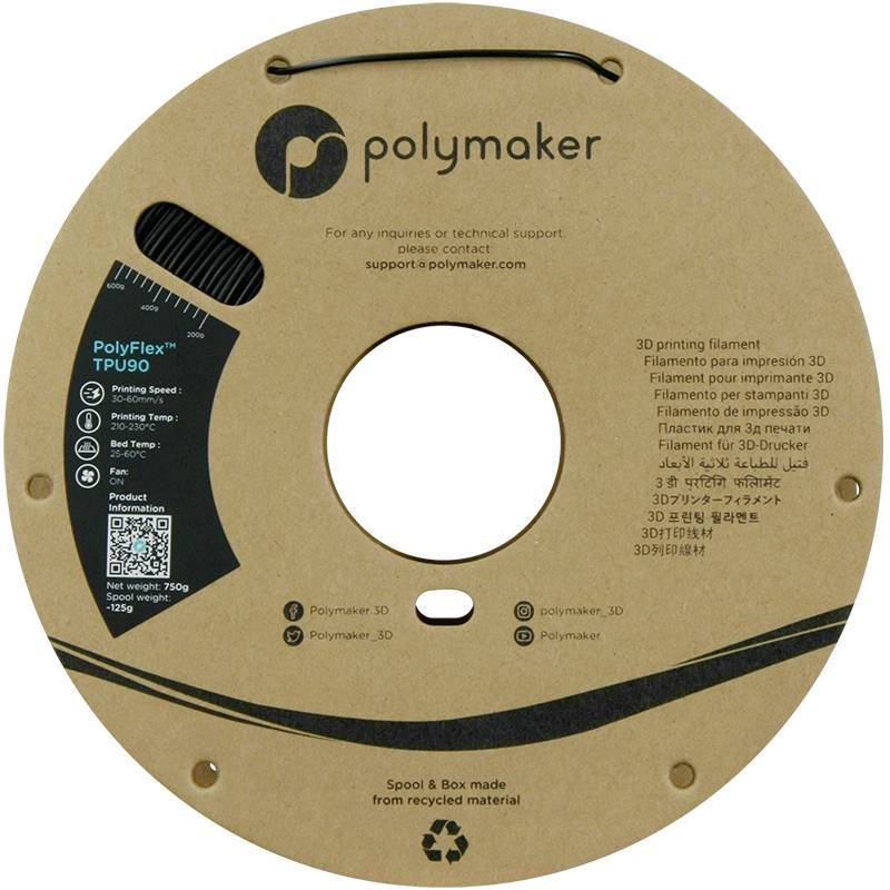Ein runder 3D-Drucker-Filament-Spulenhalter aus recyceltem Material von Polymaker. Enthält Informationen zur Filamentart und Kontaktdaten.