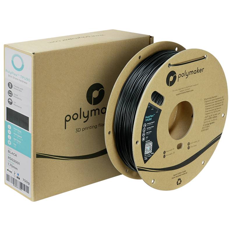 Eine Rolle schwarzes 3D-Drucker-Filament der Marke Polymaker, verpackt in einer braunen Schachtel.