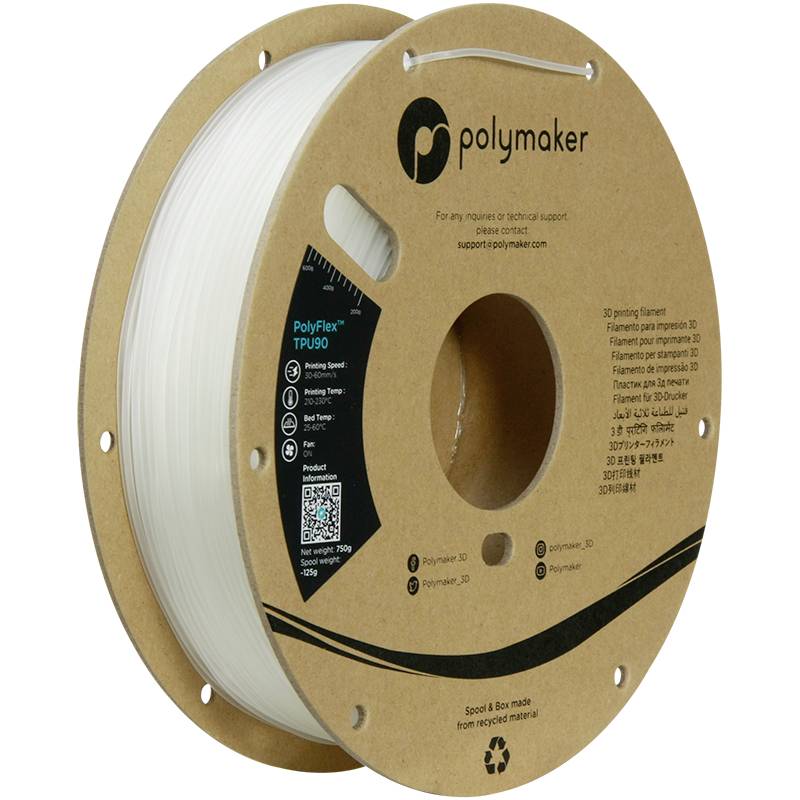 Eine braune Spule mit weißem 3D-Drucker-Filament der Marke Polymaker PolyFlex TPU90. Ideal für flexible Druckerzeugnisse.