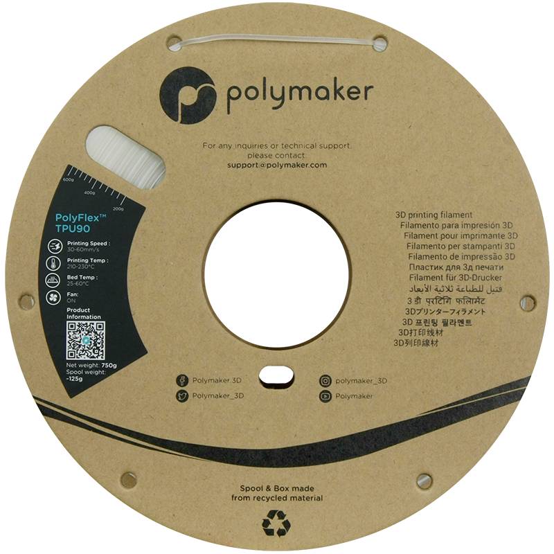 Runde Spule mit Polymaker-Logo, enthält 3D-Druckerfilament. Aufschrift: 'PolyFlex TPU90', Informationen zur Nutzung und QR-Code.