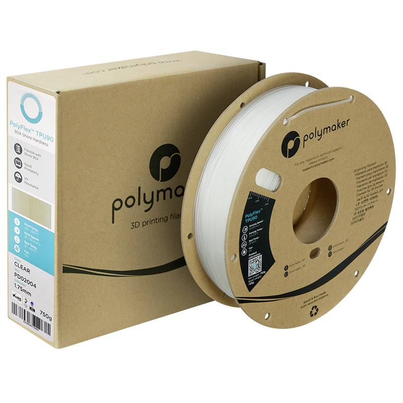 Eine Rolle Polymaker 3D-Druckfilament in Kartonverpackung, Produktname 'PolyFlex TPU90', Farbe klar, Gewicht 750g.