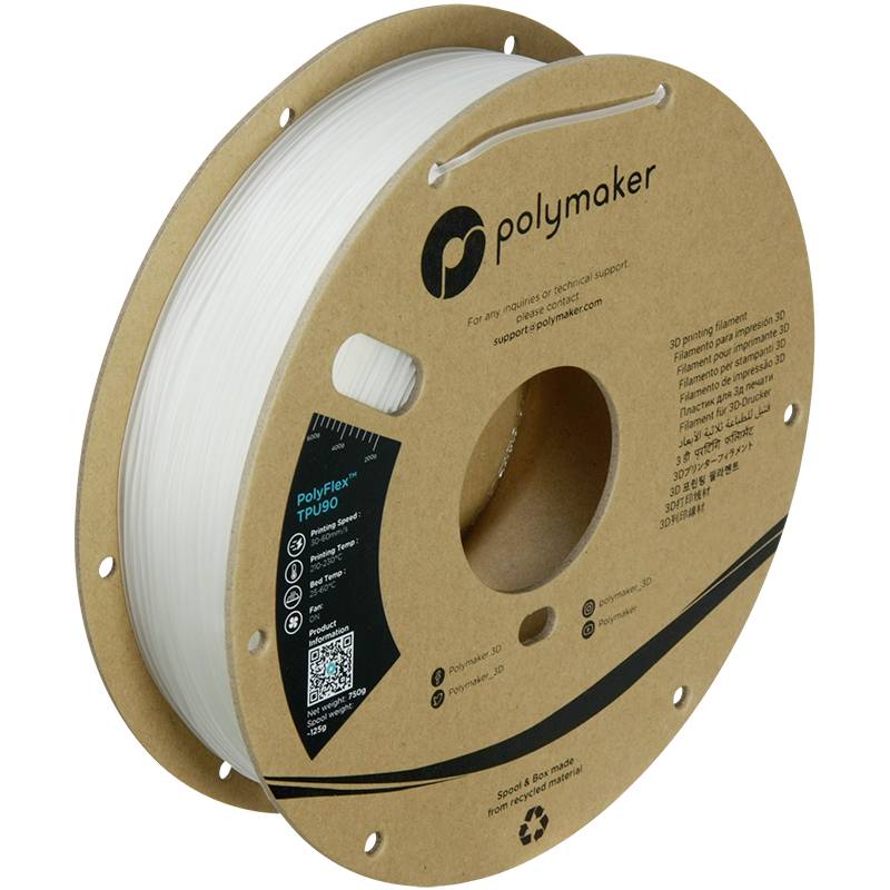 Eine weiße Rolle 3D-Druckerfilament der Marke Polymaker mit Markierungen 'PolyFlex TPU90'. Die Verpackung zeigt ein Recycling-Symbol.
