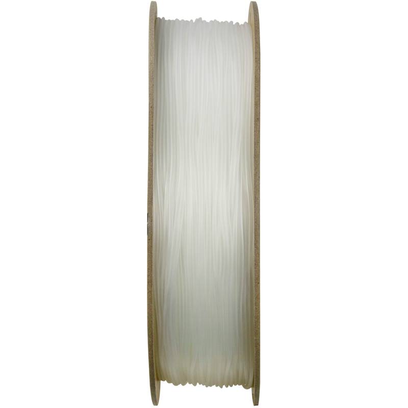 Weiße 3D-Druckerfilamentrolle mit Holzspulenflanschen, vertikal dargestellt.