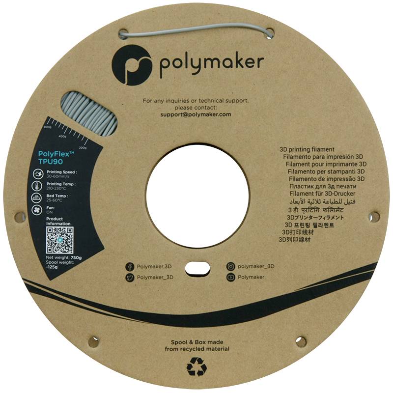 Spule mit 'PolyFlex' TPU-3D-Druckerfilament von Polymaker, 750g, 1,75mm. Kontakt-E-Mail und soziale Medien des Herstellers aufgedruckt.
