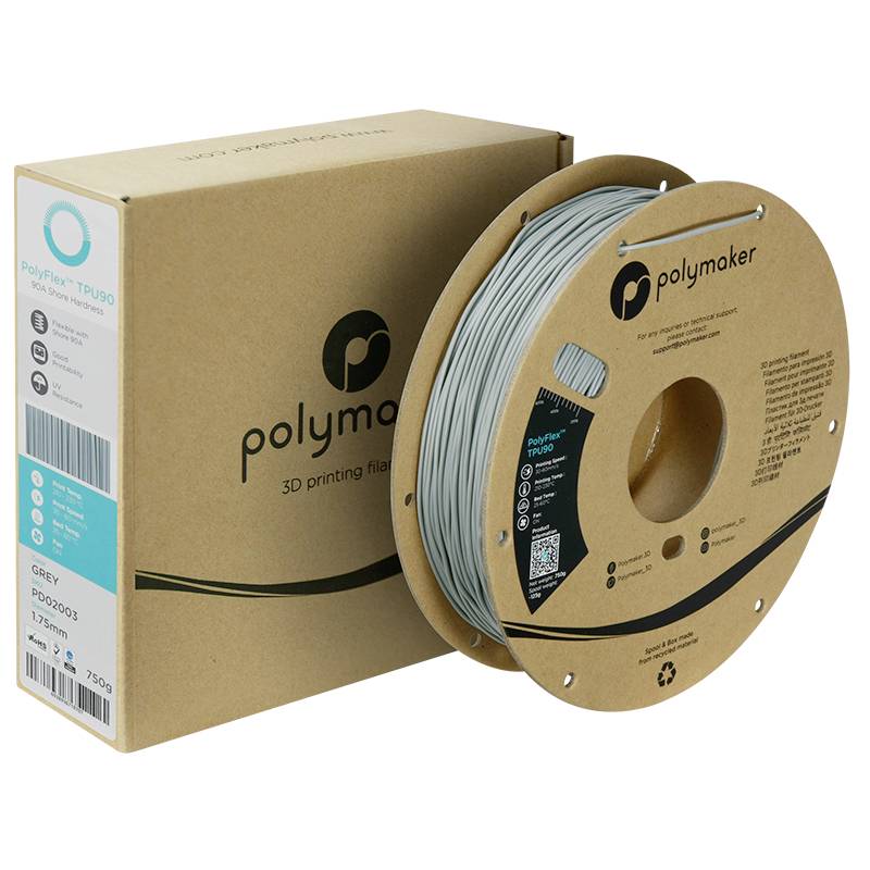3D-Druckerfilament, grau, TPU90 von Polymaker. Verpackung zeigt Logo und Spezifikationen. Spule ist teilweise aus Pappe gefertigt.