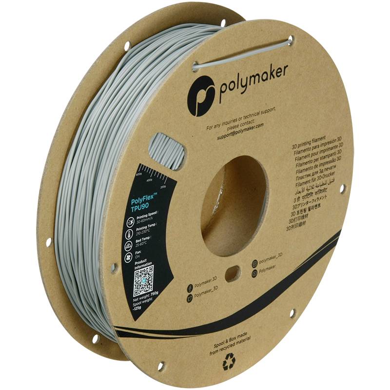 Eine runde Spule mit grauem 3D-Druck-Filament von 'polymaker', geeignet für PolyFlex TPU95 Anwendungen. Text und Symbole auf der Spule.