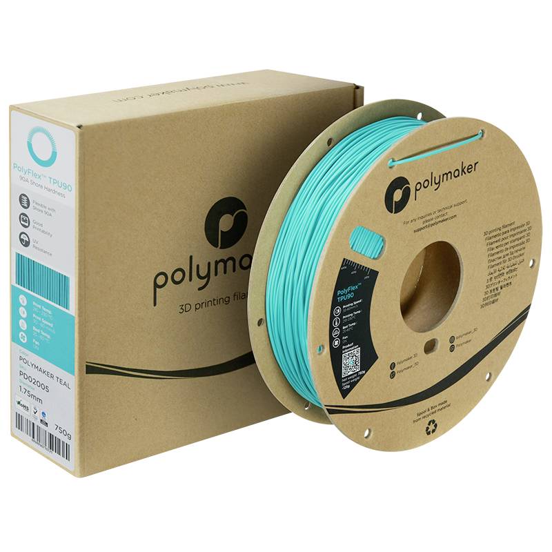 Eine Spule mit türkisfarbenem 3D-Drucker-Filament von Polymaker, 750 g, TPU-Material. Verpackung im Hintergrund.