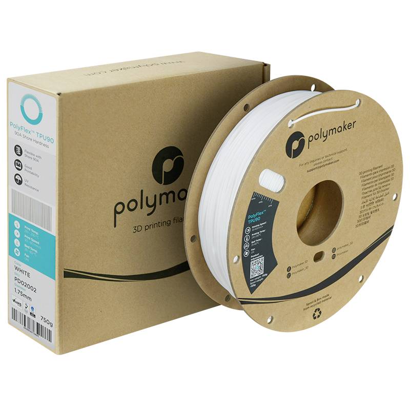 Eine Rolle weißes 3D-Drucker-Filament von Polymaker liegt auf einem Tisch neben der Verpackung. Die Marke und Produktdetails sind sichtbar.