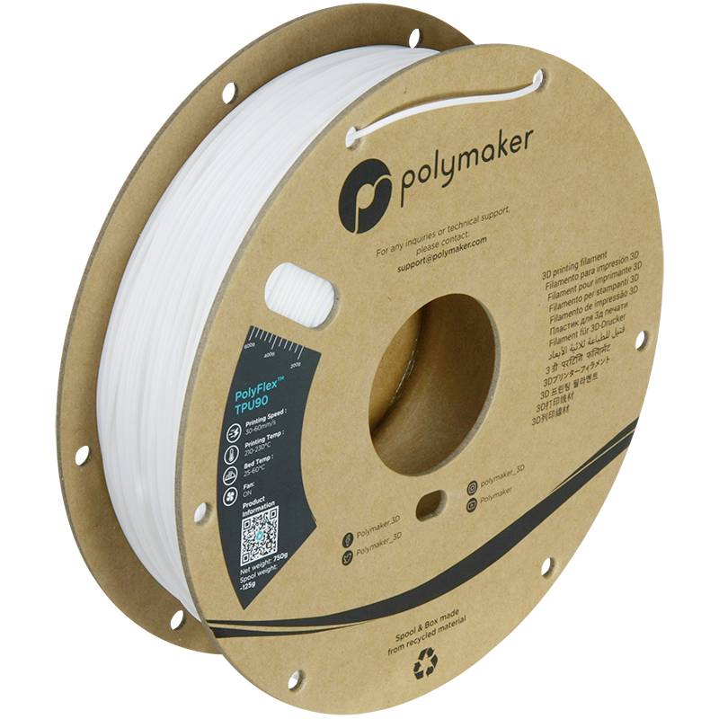 Eine Spule mit 3D-Druckerfilament der Marke Polymaker, PolyFlex TPU90, in Weiß. Geeignet für flexible und elastische Drucke.