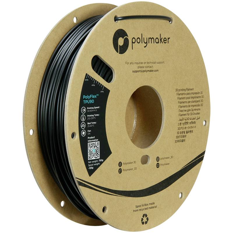 Polymaker Filament-Spule aus recyceltem Material mit Produktinformationen und QR-Code auf braunem Kartonetikett.