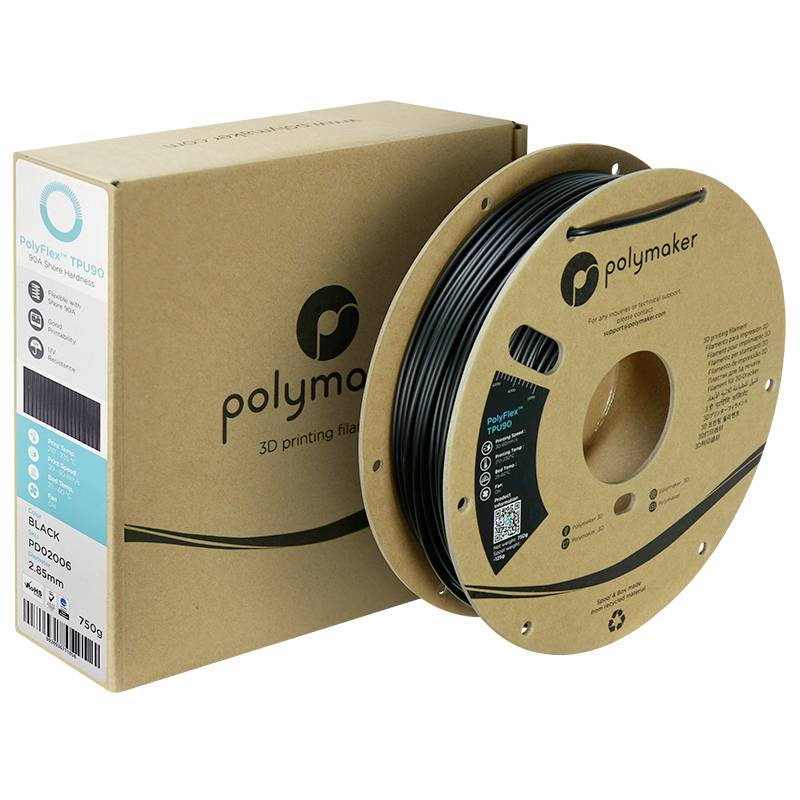 3D-Drucker-Filament in Schwarz von Polymaker, auf Spule mit Verpackung im Hintergrund. Materialangabe: Kunststoff mit Durchmesser 2,85 mm.