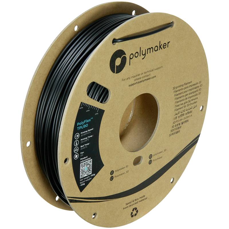 Filamentrolle aus Kunststoff mit der Aufschrift 'PolyFlex TPU90' von Polymaker. Ideal für 3D-Druck, auf umweltfreundlicher Spule.