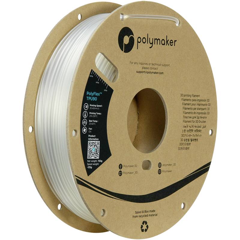 Eine Spule mit transparentem TPU-Filament von Polymaker für den 3D-Druck. Auf der Spule sind Logos, Kontaktinformationen und QR-Code.