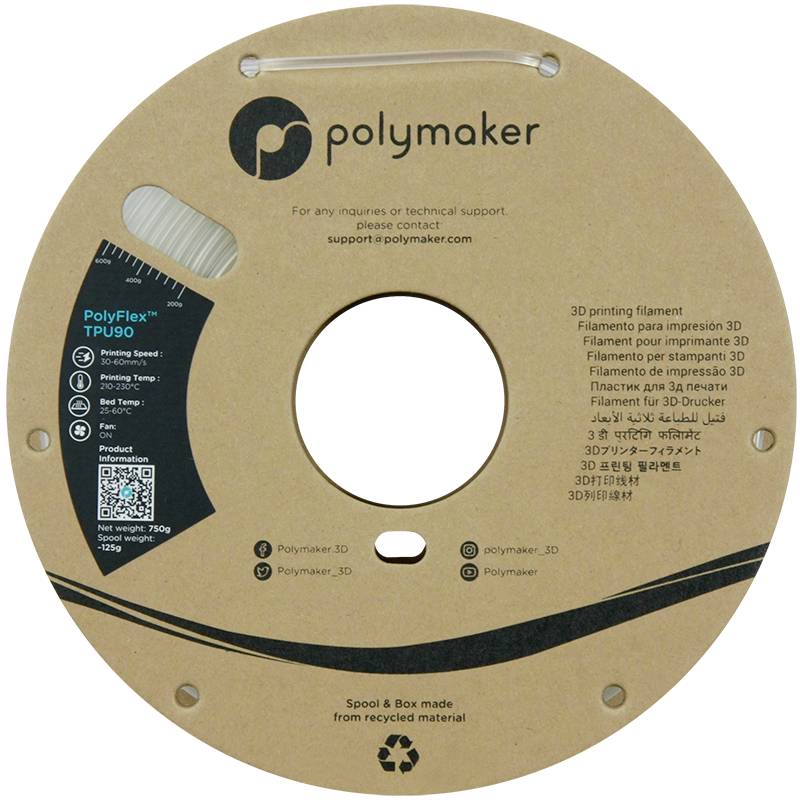 Polymaker-Logo und Kontaktinformationen auf einer Filamentspule. Angaben zu Gewicht und Material: PolyFlex™ TPU90, 750g, 3D-Druckerfilament.