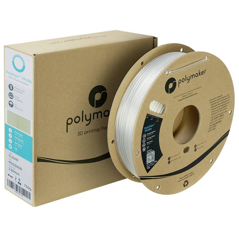 3D-Druckerfilament aus TPU-Material von Polymaker, auf Spule neben zugehöriger Verpackung. Filament ist durchsichtig.