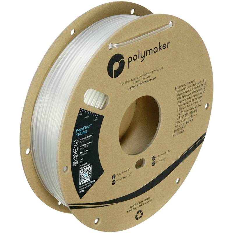 Eine Rolle mit PolyFlex-TPU90-Filament von Polymaker, geeignet für 3D-Druck, mit recycelbarer Verpackung und QR-Code für Details.