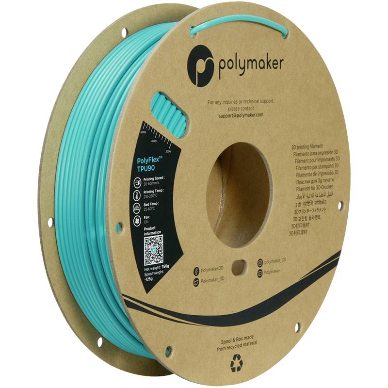 Eine Rolle türkisfarbenes 3D-Druckfilament der Marke Polymaker, Modell 'PolyFlex TPU90', geeignet für flexible Drucke.