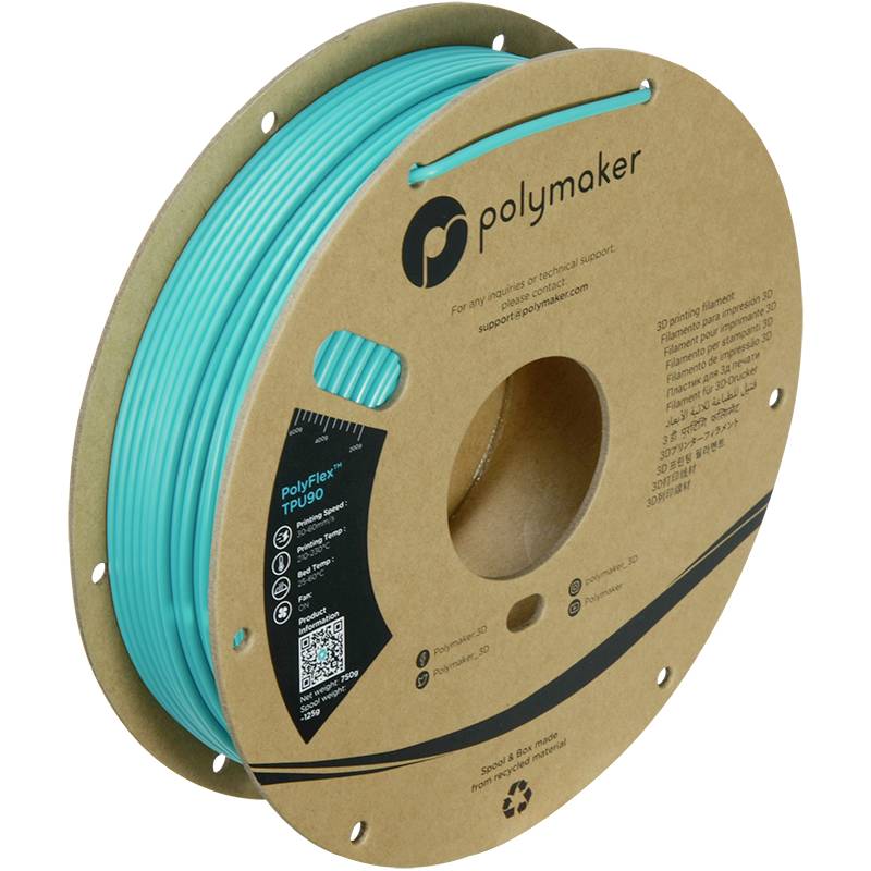 Eine Rolle türkisfarbenes PolyFlex TPU90 3D-Drucker-Filament von Polymaker mit Etikett und Angaben zur Materialkompatibilität.