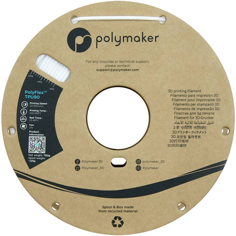 Produktbild einer Polymaker-Filamentspule für 3D-Drucker. Das Modell 'PolyFlex TPU' ist auf recyceltem Material gedruckt.