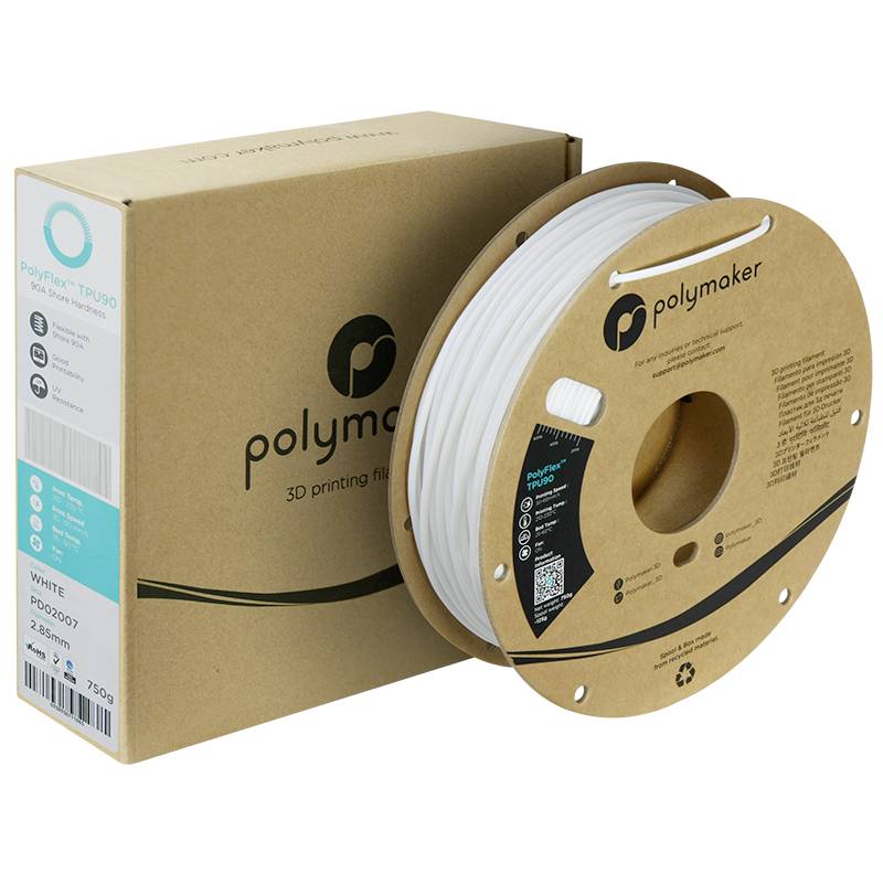 'Polymaker PolyFlex TPU90' 3D-Drucker-Filament in Weiß, auf einer Spule nebeneinander mit der Verpackung aus Karton gezeigt.