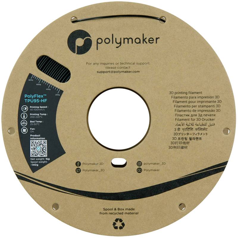 Polymaker PD03001 TPU95-HF Filament TPU, Flexibles Filament flexibel, UV-beständig, Highspeed Filament 1.75mm 1000g Schwarz