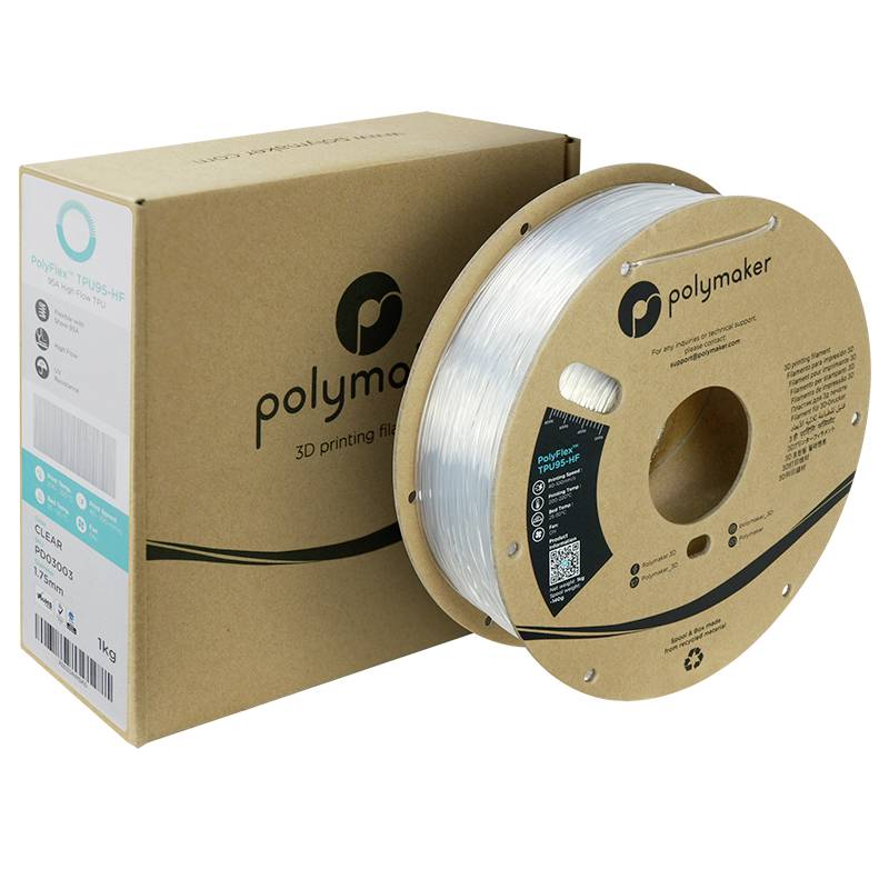 3D-Druckfilament von Polymaker: transparente Filamentspule aus TPU, präsentiert neben der zugehörigen Verpackung.