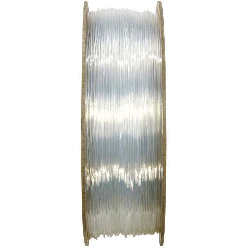 Eine Rolle transparenter Filamentfäden, die für 3D-Drucker verwendet wird. Die Spule ist komplett mit Filament aufgewickelt.