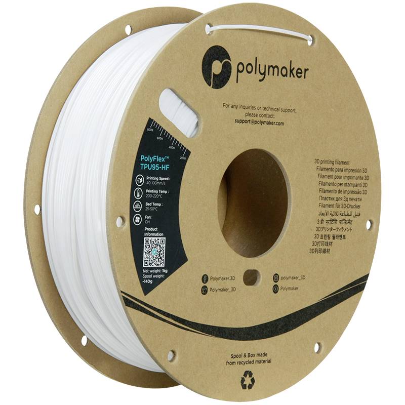 Eine Rolle 3D-Druckerfilament in Weiß von Polymaker, aus PolyFlex TPU95-HF, auf Kartonspule. Texte auf der Spule sind sichtbar.