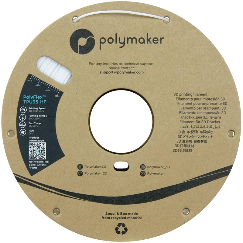 Rolle von Polymaker PolyFlex TPU95-HF Filament, 1,75 mm, 1 kg, weiße Farbe; für 3D-Drucker geeignet; aus recyceltem Material.