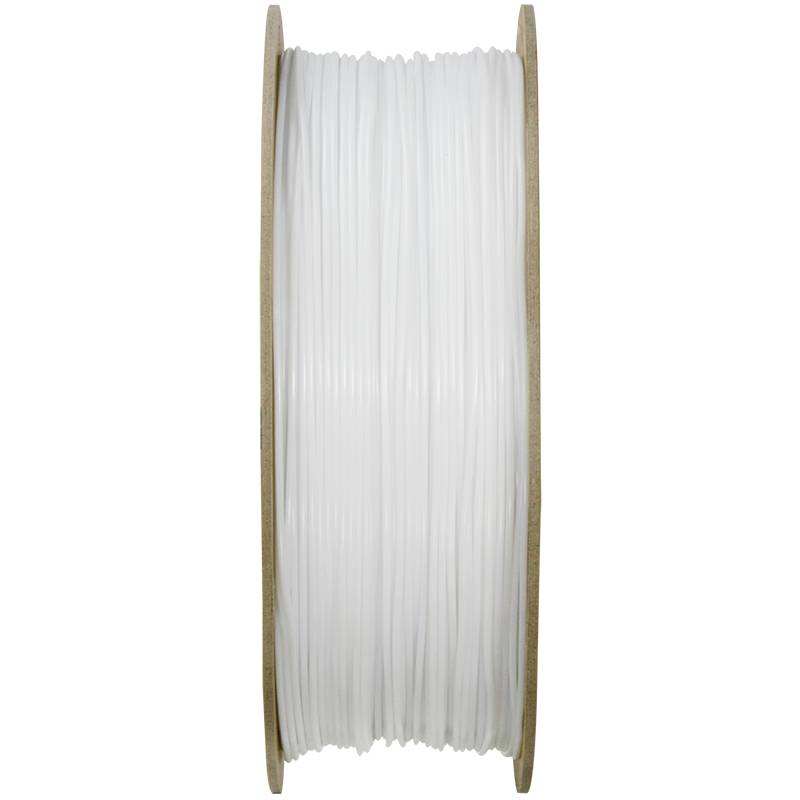 Eine Rolle weißes Filament für 3D-Drucker, seitlich gezeigt, auf einer Holzspule aufgewickelt.