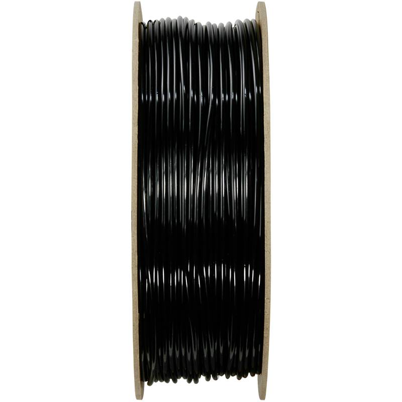Schwarze Kabelrolle, vertikal, gleichmäßig gewickelt auf einer Holzspule.