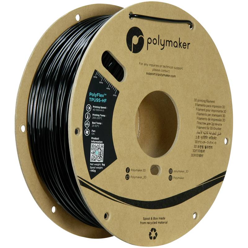 Eine Spule mit schwarzem 3D-Druckfilament aus TPU von Polymaker. Die Verpackung besteht aus recyceltem Material.