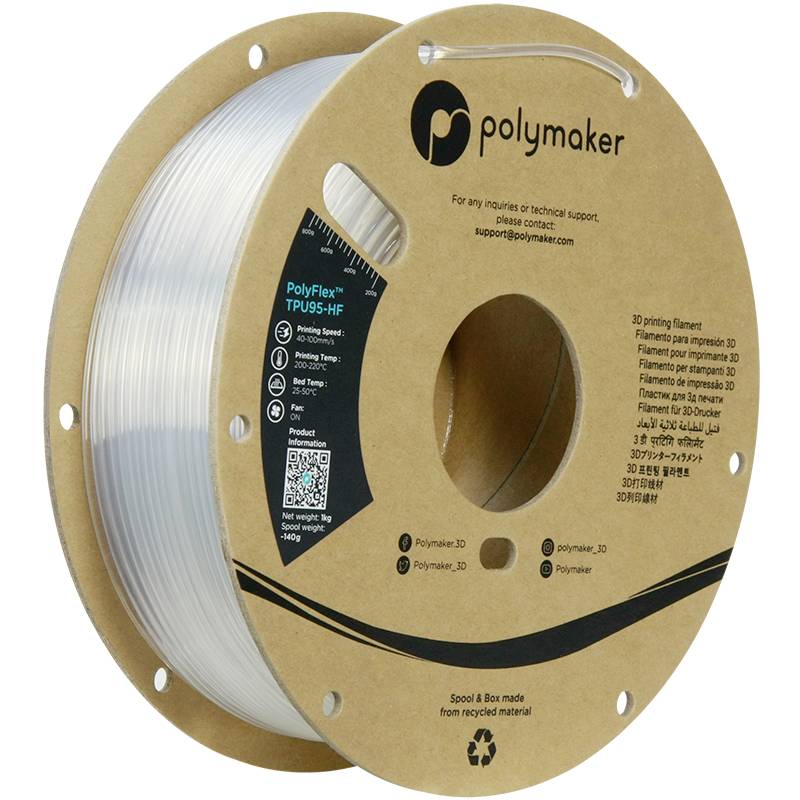 Spule mit klarem 3D-Druckerfilament, Marke 'Polymaker', Typ 'PolyFlex TPU95-HF'. Enthält Kontaktinformationen im oberen Bereich der Verpackung.