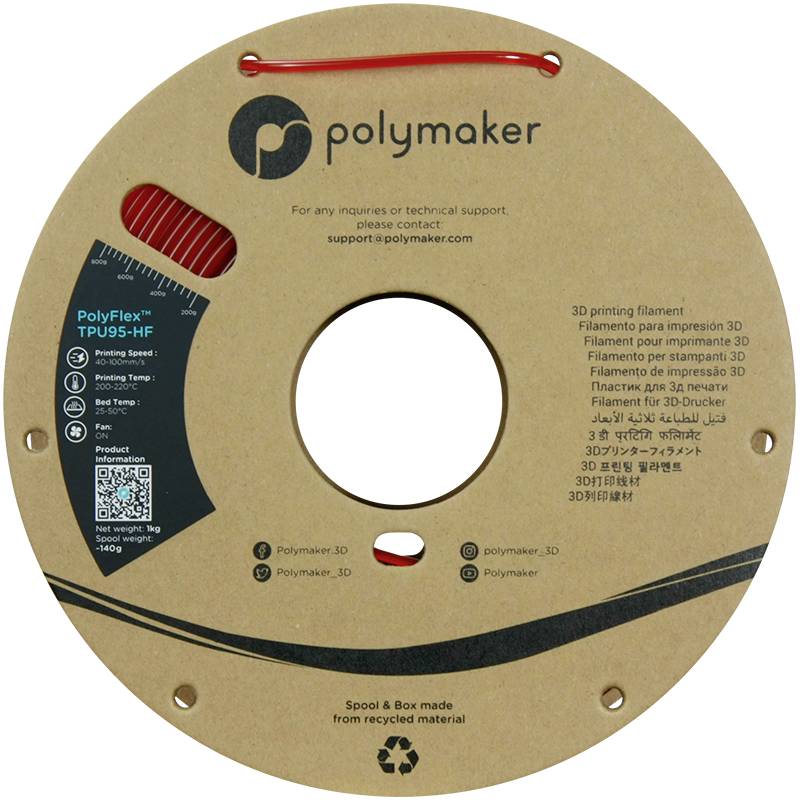 Rolle mit rotem 3D-Druckerfilament 'PolyFlex TPU95-HF' von Polymaker. Verpackung aus recyceltem Material.
