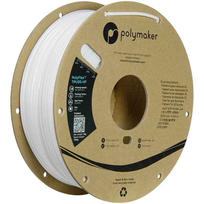 Eine Rolle weißes 3D-Drucker-Filament der Marke Polymaker, Typ PolyFlex TPU95-HF, auf einer umweltfreundlichen Pappspule.