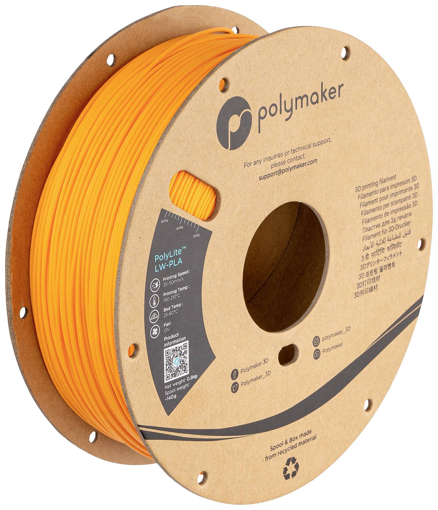 Spulenhalterung aus Pappe mit orangem 3D-Druck-Filament. Text gibt technische Details, einschließlich Material und Marke 'Polymaker'.