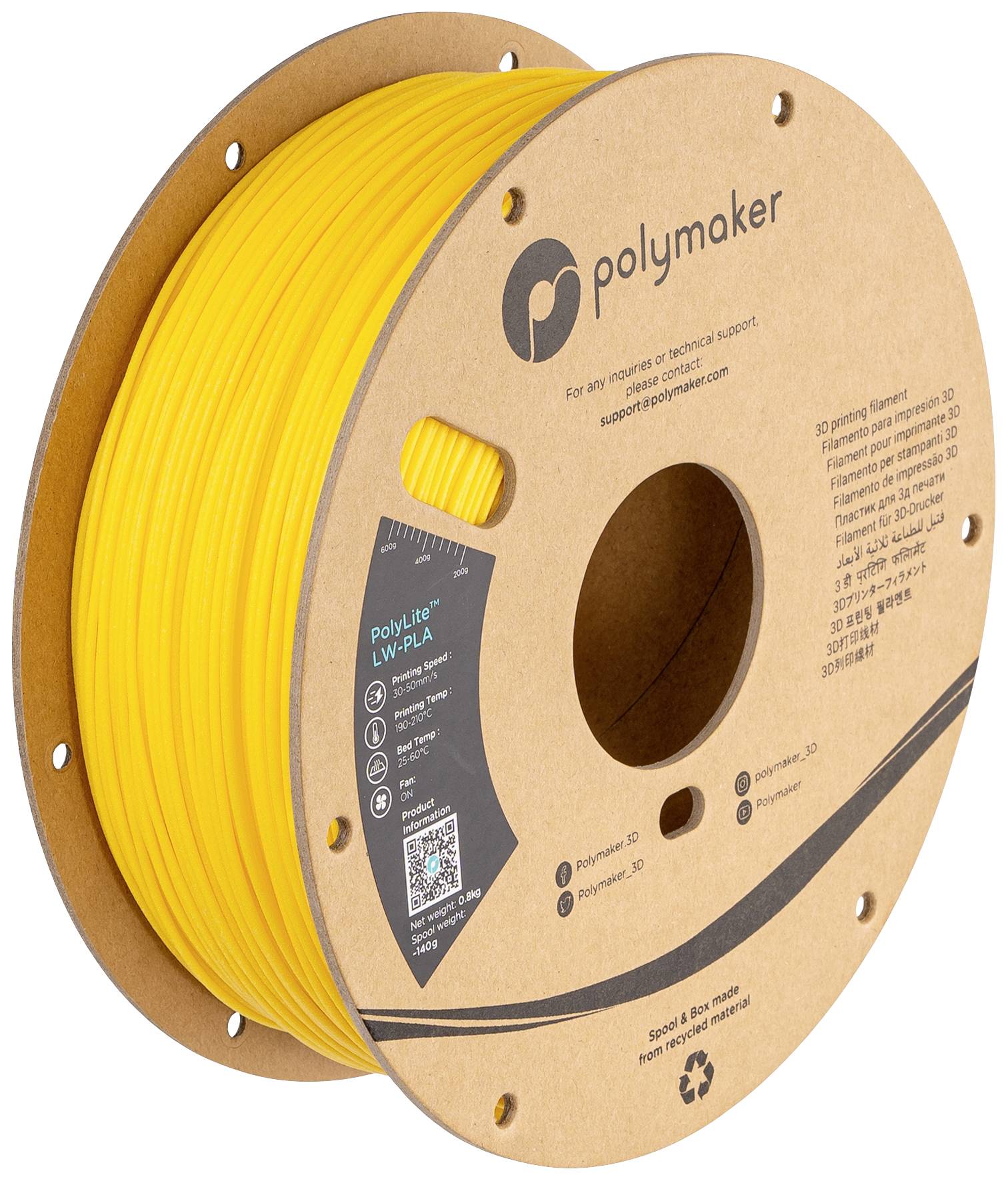 Polymaker PA08009 Filament LW-PLA Matt, Geringe Dichte 1.75mm 800g Leucht-Gelb PolyLite™ 1St.