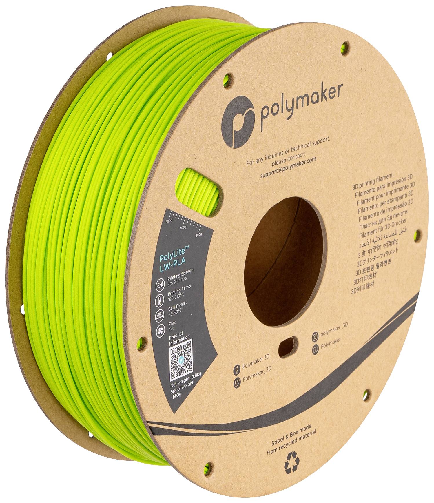 Polymaker PA08008 Filament LW-PLA Matt, Geringe Dichte 1.75mm 800g Leuchtgrün PolyLite™ 1St.
