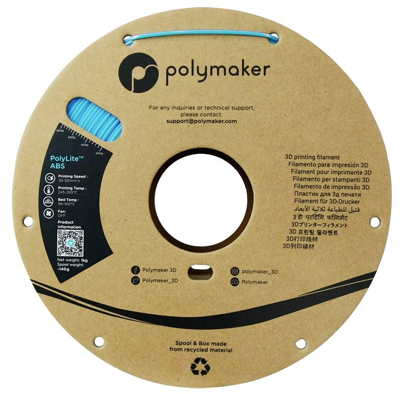 Eine runde Kartonrolle mit blauem 3D-Druck-Filament der Marke 'Polymaker' und mehrsprachigen Produktinformationen auf der Vorderseite.