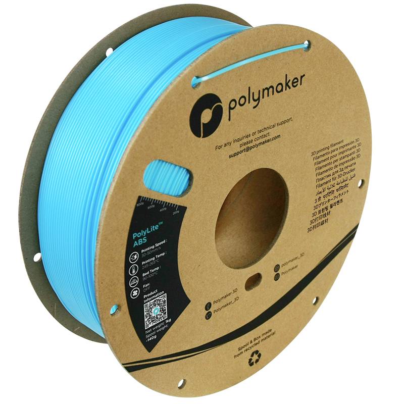 Spule mit blauem 3D-Drucker-Filament von Polymaker, speziell aus ABS-Material, geeignet für technische Anwendungen und 3D-Druck.