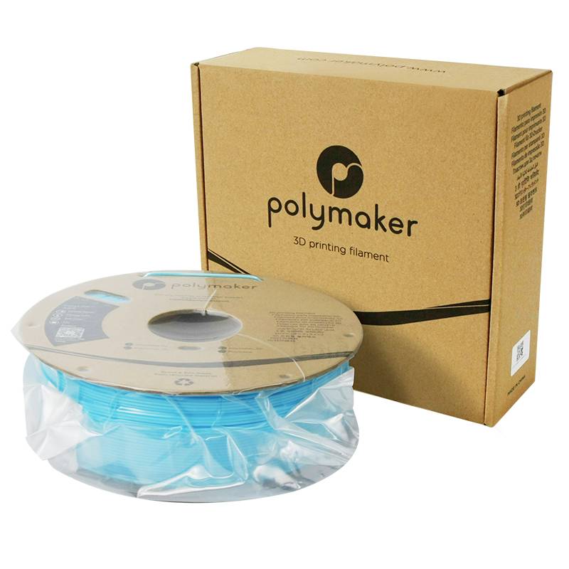 Eine Spule türkisfarbenes 3D-Drucker-Filament von Polymaker, verpackt in einem braunen Karton mit Firmenlogo.