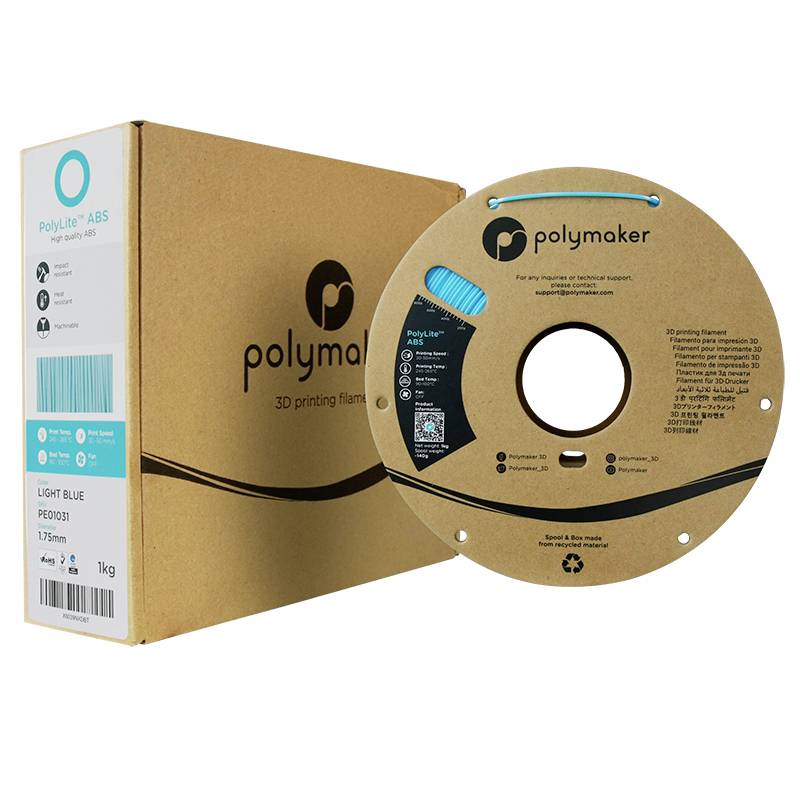 3D-Druck-Filament von Polymaker in Hellblau. Verpackung und Spule sind sichtbar. Hauptmaterial ist ABS, 1,75mm Dicke, 1kg.