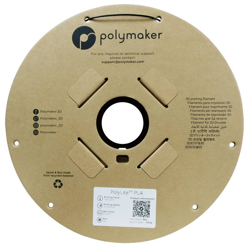Rolle aus recyceltem Karton mit der Aufschrift 'Polymaker', enthält 3D-Druckfilament aus PLA, Kontaktdetails und Social-Media-Handles.