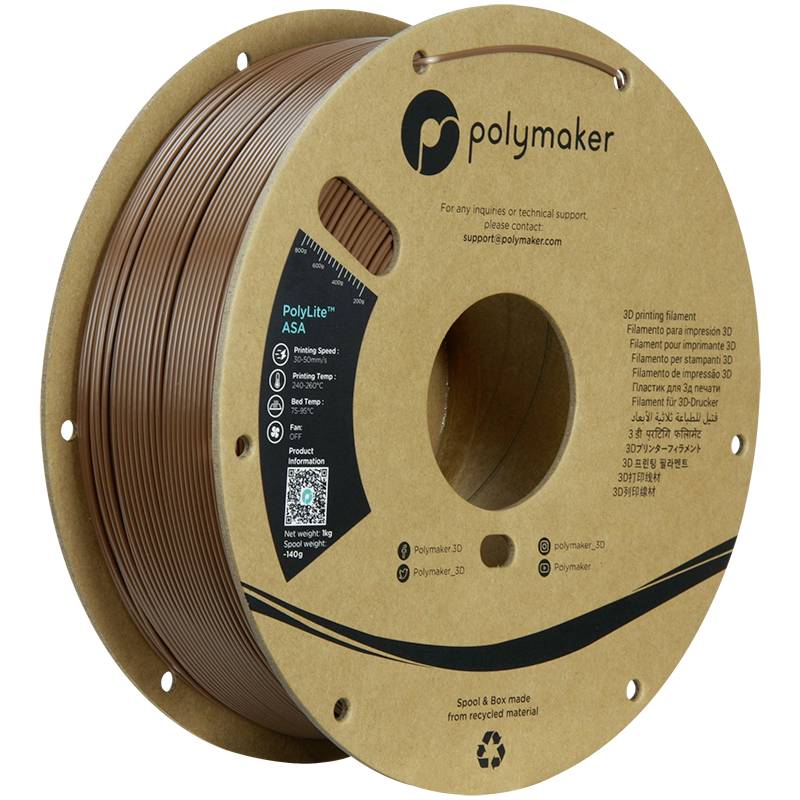 Spule mit PolyLite ASA 3D-Druck-Filament von Polymaker in brauner Farbe. Etikett mit Kontaktinfo und technischen Details.