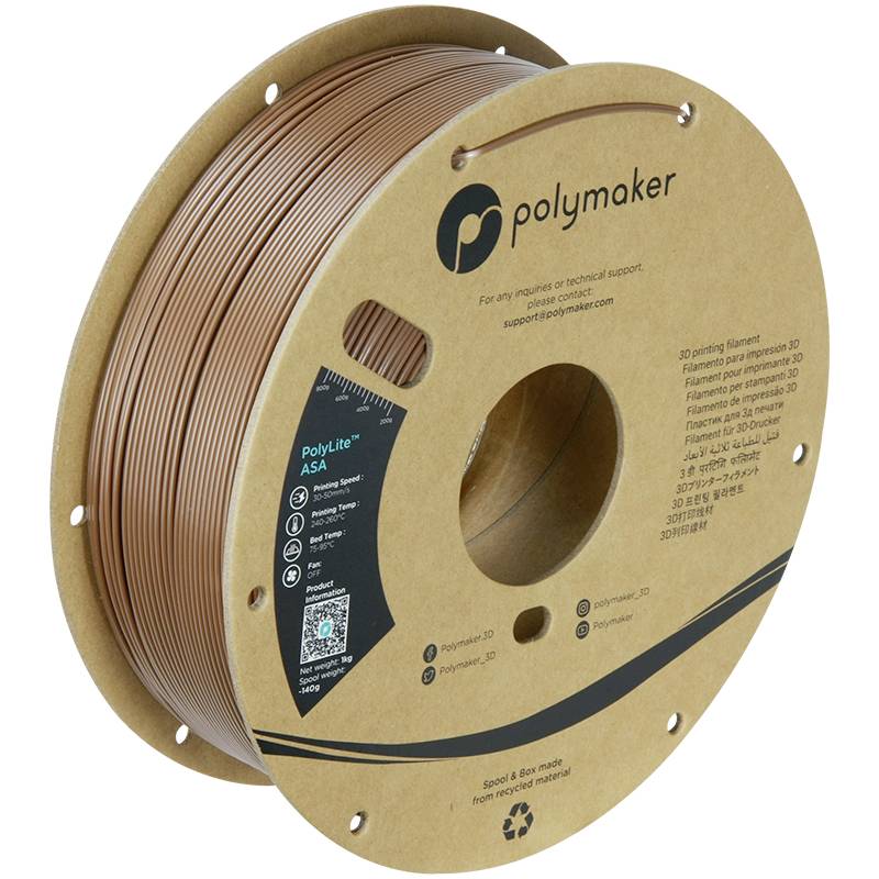 Spule mit braunem 3D-Druck-Filament von Polymaker, Modell 'PolyLite ASA', auf Pappkern mit Recycling-Symbol.