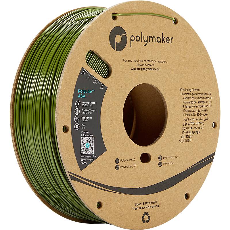 Spule mit grünem 3D-Drucker-Filament von Polymaker, 1 kg. Produktdetails: PolyLite ASA, 3D-Druck, 3 mm, eignet sich für Druckaufgaben, hergestellt aus recyceltem Material, Support-E-Mail vorhanden.