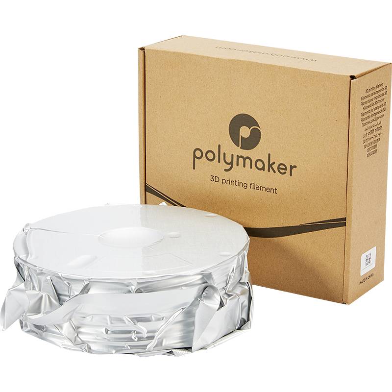 3D-Drucker-Filament von Polymaker: SealDas Filament in Silber, noch original verpackt, neben der braunen Verpackungsschachtel mit Logo.