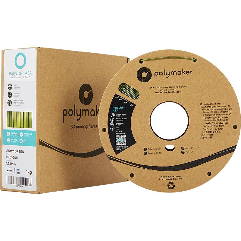 Filamentspule mit Verpackung von Polymaker, Filamenttyp ASA, Durchmesser 1,75 mm, Gewicht 1 kg, hervorgehoben für 3D-Druckanwendungen.